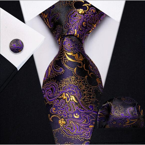 Men’s Silk Coordinated Tie Set - Purple & Gold Paisley - Picture 7 of 8
